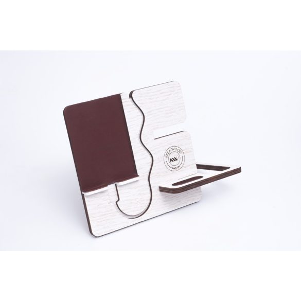 Krea-Wood FirstLeather Tölgyfából készült telefontartó állvány fehér színben, valódi bőr borítással