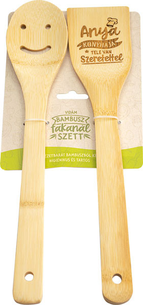 Bambusz fakanál készlet; "anya konyhája tele van szeretettel"