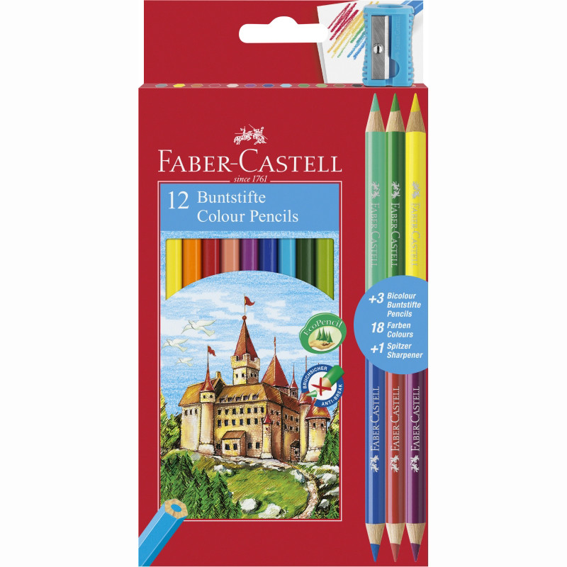 Faber-Castell színesceruza készlet ajándék hegyezővel, 12+3db - Bicolor